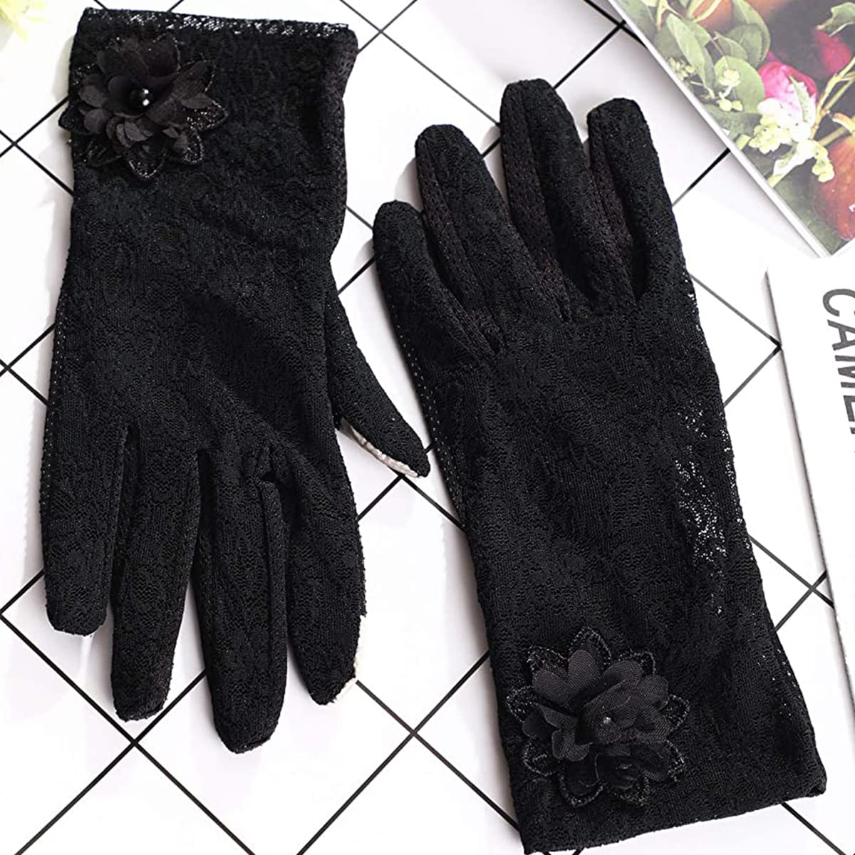 PALAY® Lace Gloves for Women Ladies Black Elegant Flower Bridal Gloves Short Sun Protection Gloves for Wedding, Party, Prom, Festival