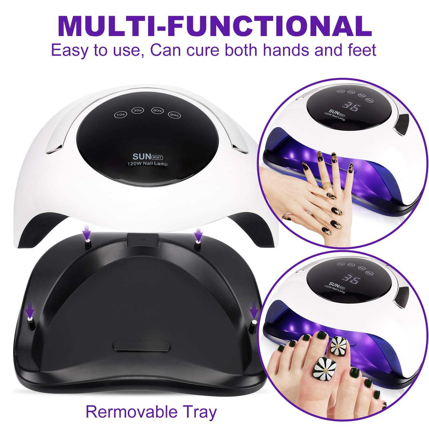 MAYCREATE Nail Lamp for Fast Gel Curing with 120W 36 LEDs and Magnetic Detachable Base | White