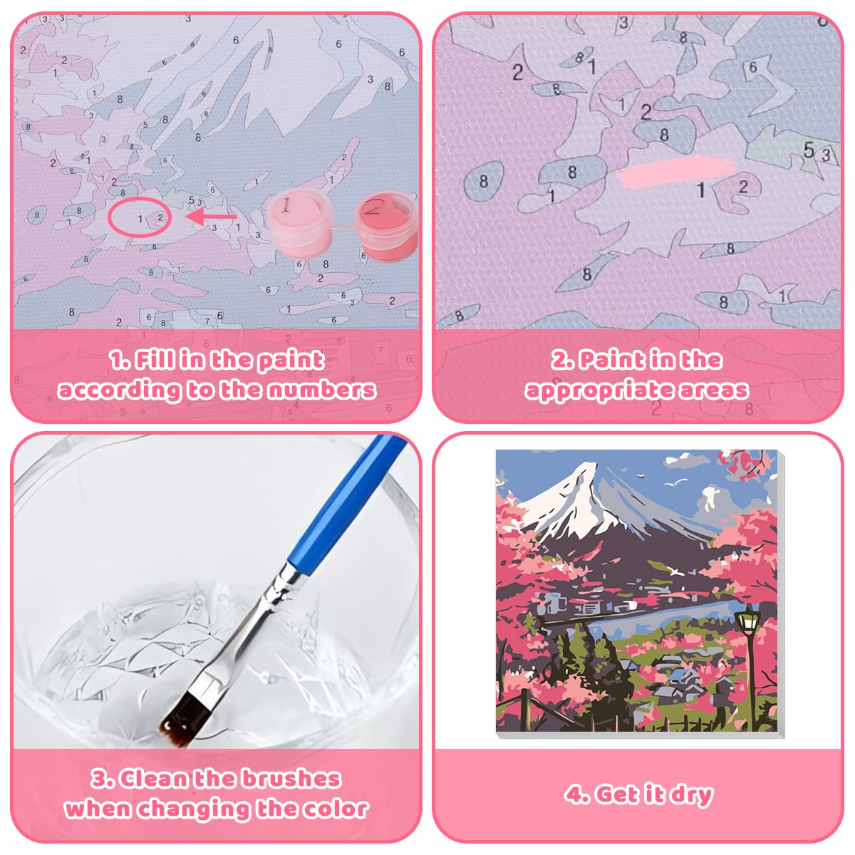 HASTHIP Paint by Numbers Kit for Adults and Kids with Brushes and Numbered Pigments 20x20cm | Mount Fuji Cherry Blossom Canvas Painting Set