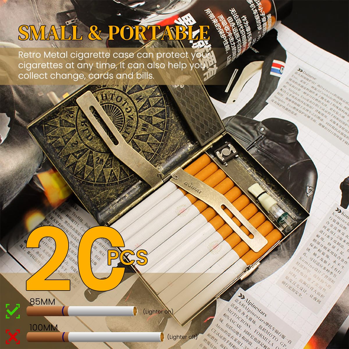 GUSTAVE Retro Metal Cigarette Case for Men with USB Flameless Coil Lighter | Holds 20 Cigarettes