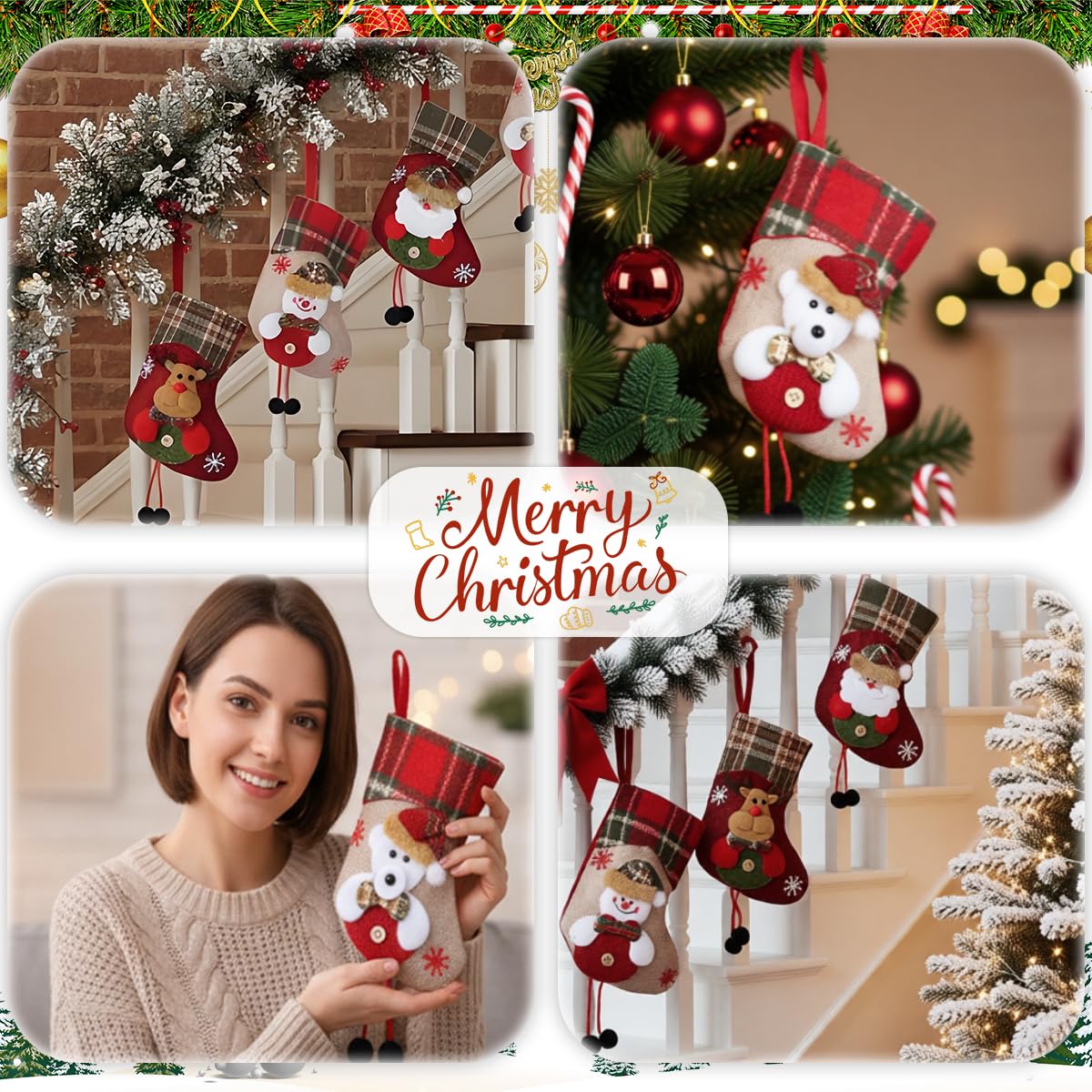 HASTHIP Christmas Stockings Set for Tree and Home Decor featuring 4pcs 14x19 cm Fabric Designs