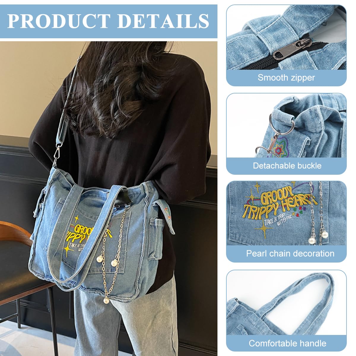 PALAY Cloth Bag for Daily Use with 37x27cm Capacity and Letter Embroidery Denim | Girls Women