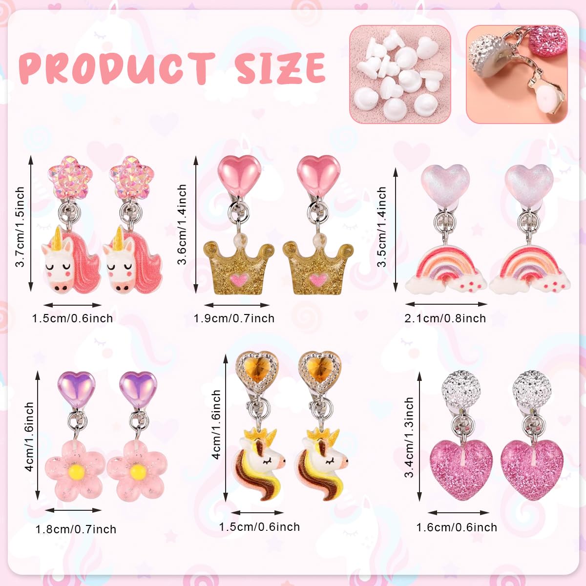 MAYCREATE Clip On Earrings for Girls featuring 6 Pairs Resin Unicorn Heart Designs | Non Pierced Jewelry Set