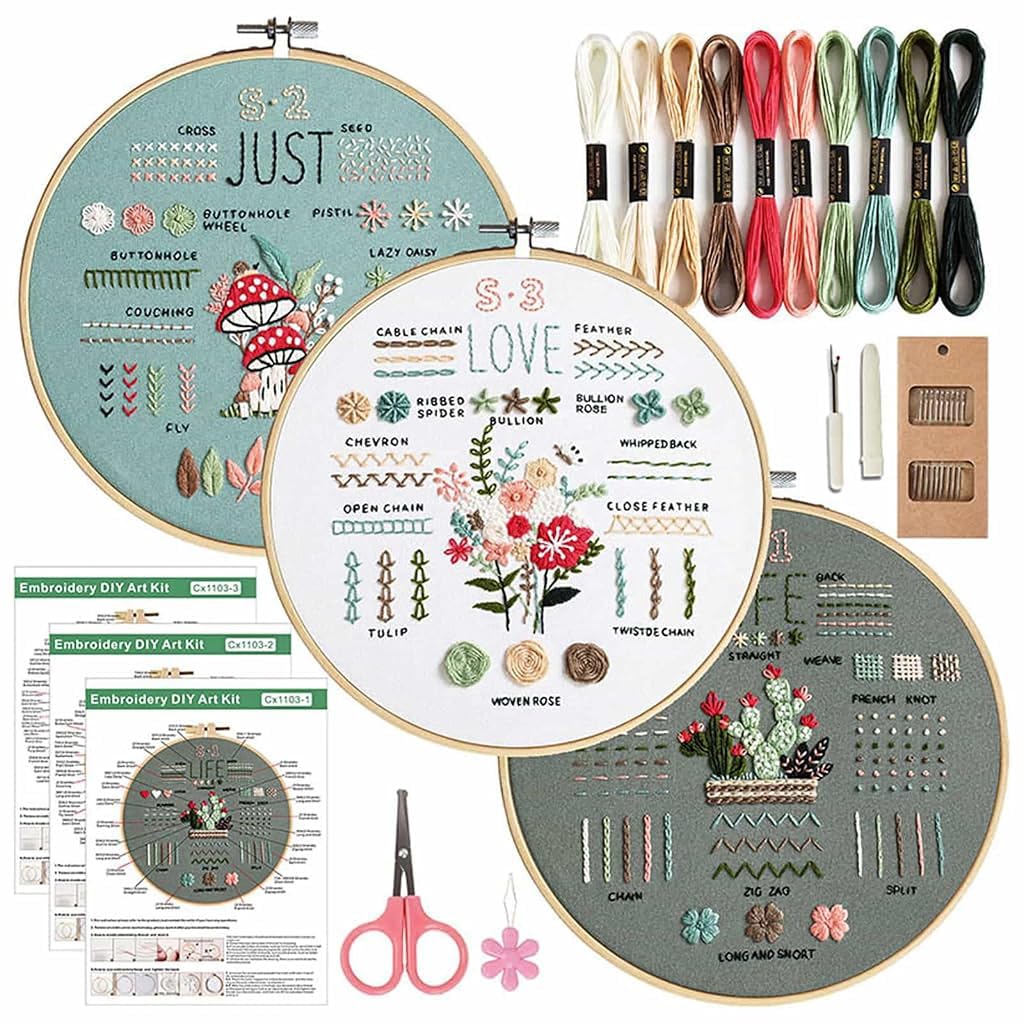 ZIBUYU Embroidery Kit for Beginners with 3 Sets Hoops and Colorful Threads for Adults | DIY Sewing Craft Set