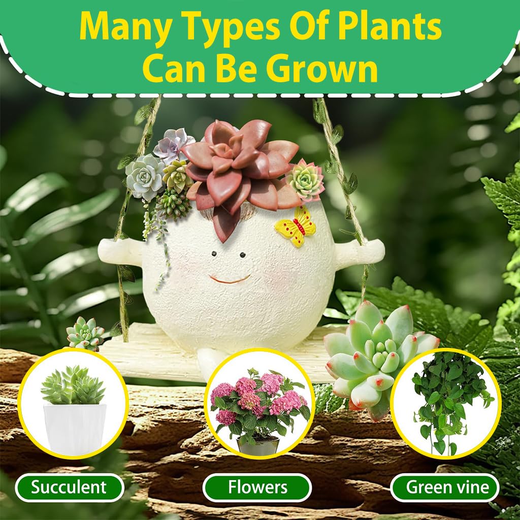 HASTHIP Swing Hanging Flower Pot for Indoor and Outdoor Plants with Eco Hemp Rope | 13.5x9x9 cm Resin Planter for Succulents and Herbs