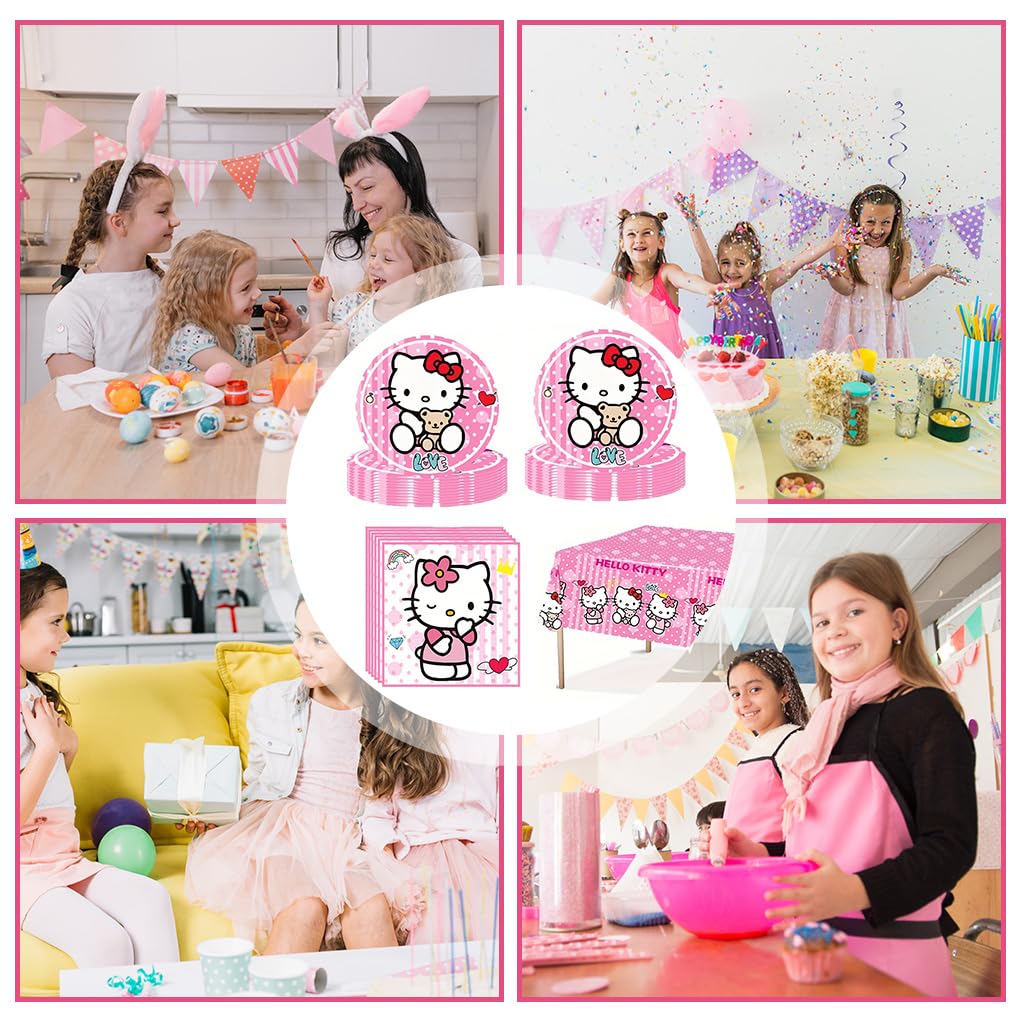 Supvox Party Supplies for Birthdays with 20pcs 7in Pink Kitty Plates and Table Cloth | Easy Cleanup
