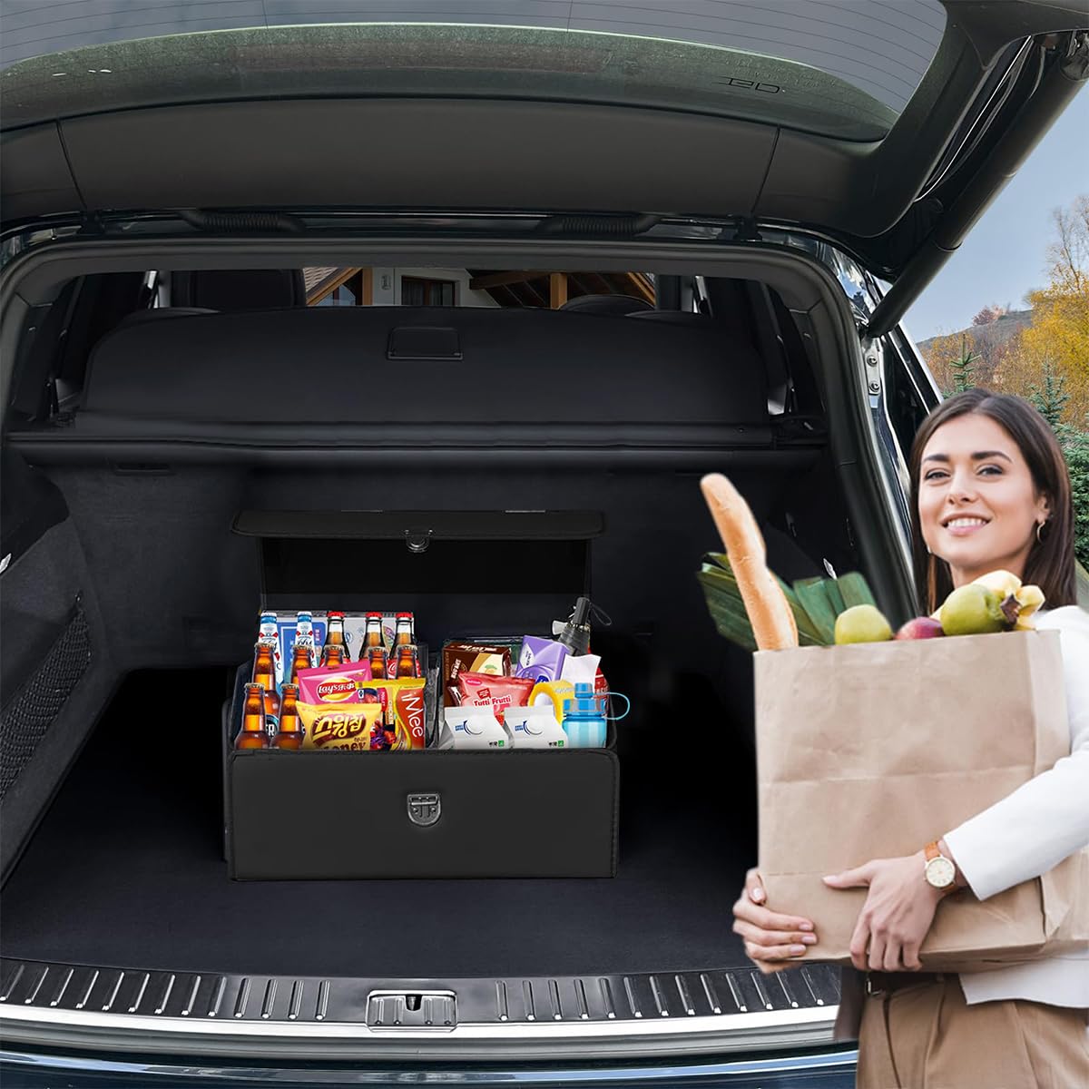 STHIRA Car Boot Organizer for All Car Models featuring Foldable Leather Design | Spacious Trunk Storage