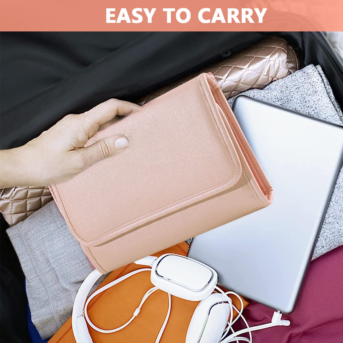 MAYCREATE Travel Jewelry Organizer for Earrings and Necklaces with 43×23.5 cm Foldable Design | Pink PU Leather Storage Bag