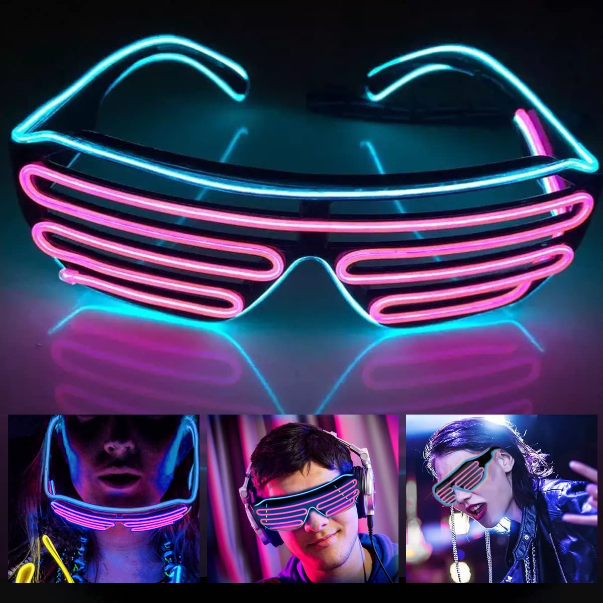 PATPAT® Party Glasses, Light Up Flashing Shutter Neon Glasses, Two-Tone Glasses Glow in The Dark for Rave Party, Halloween, Christmas, 3 Light Modes (Blue - Pink)