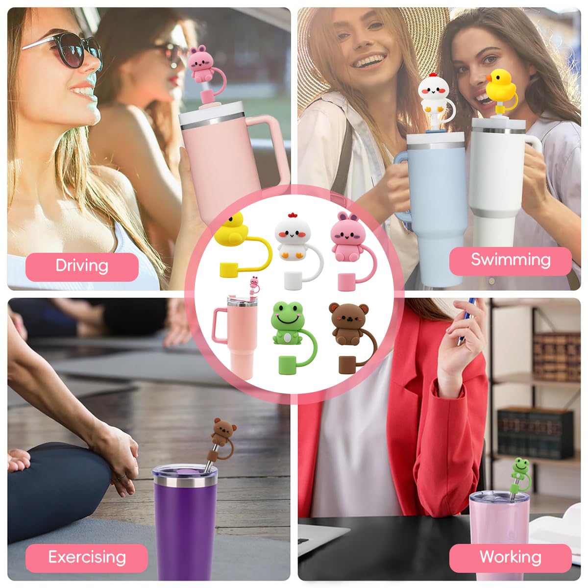 ZIBUYU Cartoon Straw Cap Set for Stanley Cup featuring Anti-Lost Loop & Soft Silicone | 5pcs for 10mm Straws