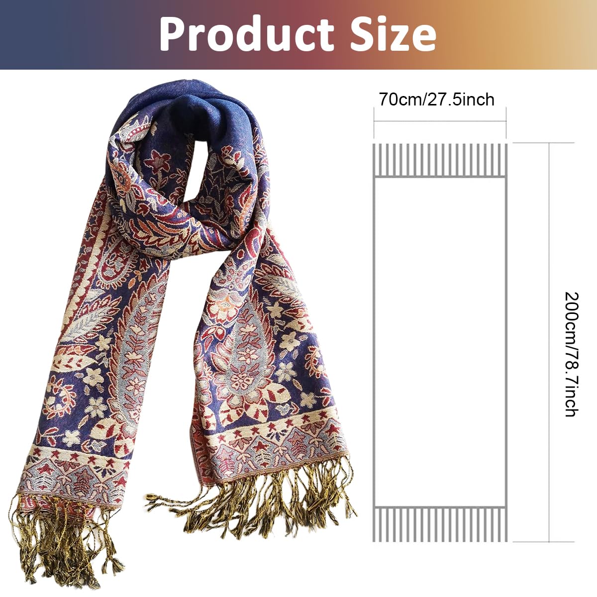 PALAY® Women Shawl Long Scarf Shawl Fashion Color Jacquard Tassels Wraps Shawls Dacron Long Scarf Shawl Women Beach Wraps Beach Cover Ups, 70x200cm