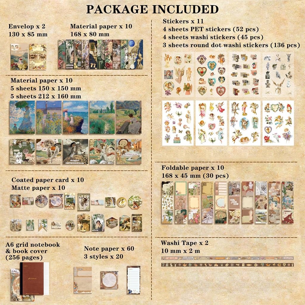 HASTHIP Scrapbooking Supplies Kit for DIY Journaling with 232 pcs set and A6 Grid Notebook | Vintage Paper Stickers Gift for Teen Girls and Adults