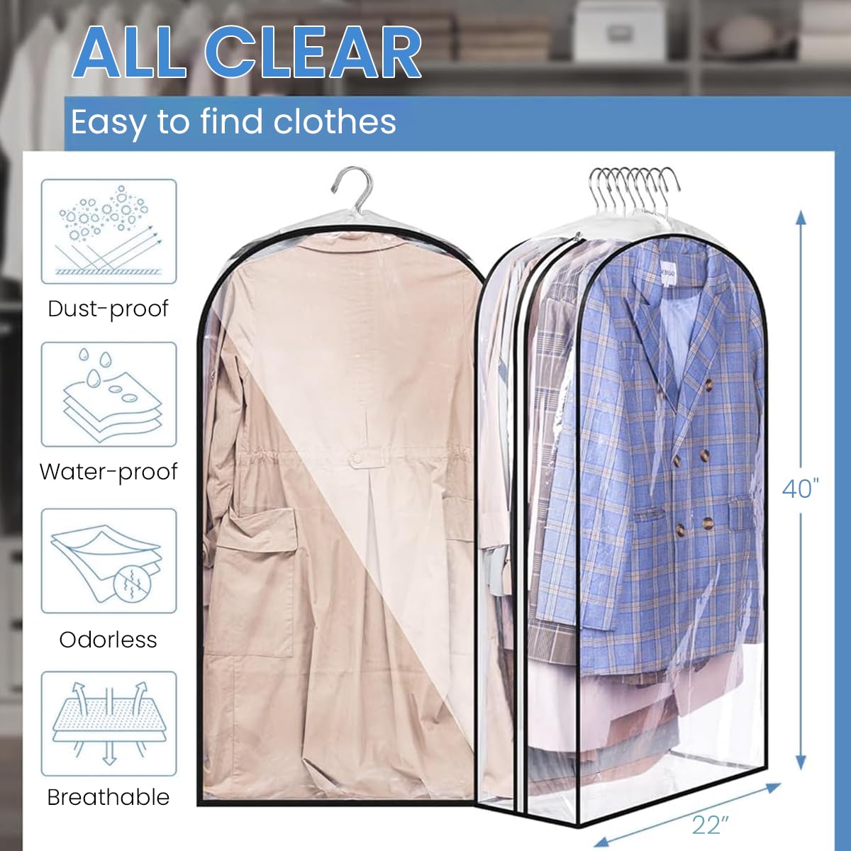 HASTHIP® 3PCS Clear Garment Bags for Hanging Clothes, Hanging Clothes Storage, Suit Bags for Closet Storage and Travel