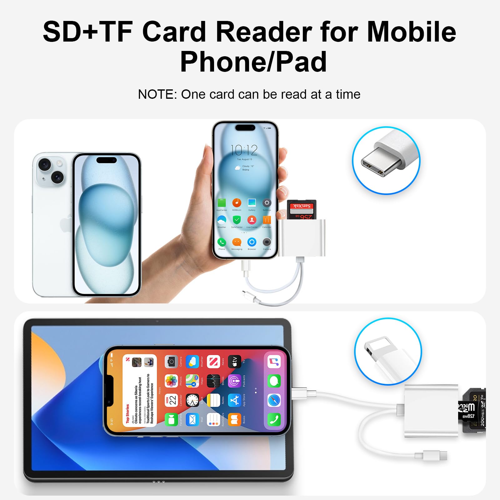 ZORBES For iPhone SD Card Reader Multi Devices SD Card Reader Supports TF/SD Cards OTG Card Reader Travel Portable Memory Card Reader for Phone, Tablet
