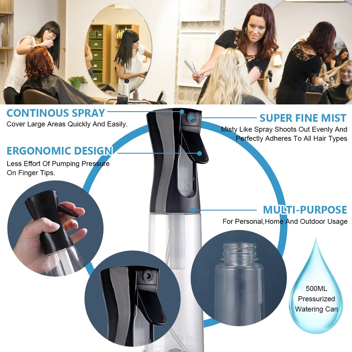 MAYCREATE 500ml Refillable Spray Bottles, Multifunction Empty Plastic Mist Water Spray Bottle for Hair, Portable Skin Moisturizing Spray Bottle For Alcohol, Cleanser Dispenser (Black)