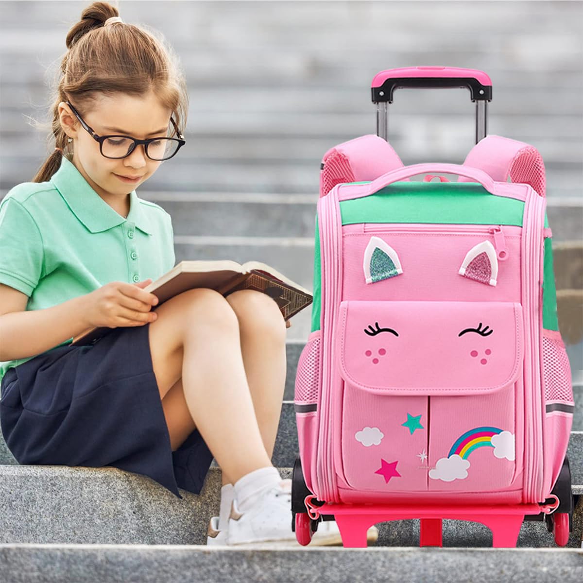Venzina Trolley School Bag for Girls with 3 Wheel Stand and PU Pink Cartoon Design | Large Capacity Backpack