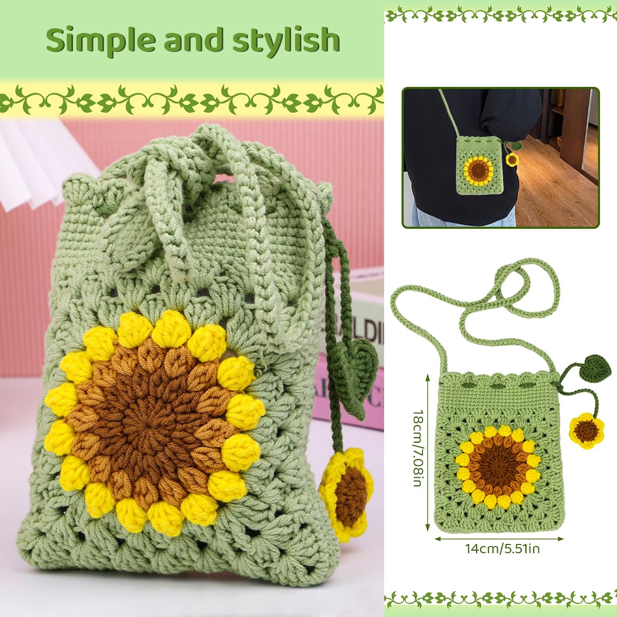 PATPAT DIY Crochet Phone Bag Material Kit for Beginners with Sunflower Pattern and Yarn Tutorial | Light Green Sling Craft Gift Set