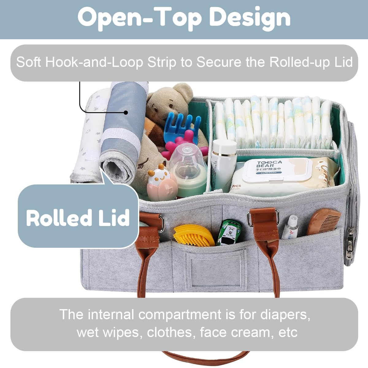 SNOWIE SOFT Baby Diaper Caddy Organizer for Newborn Essentials with 2 Inserts and Felt Design | Portable Grey Storage Basket