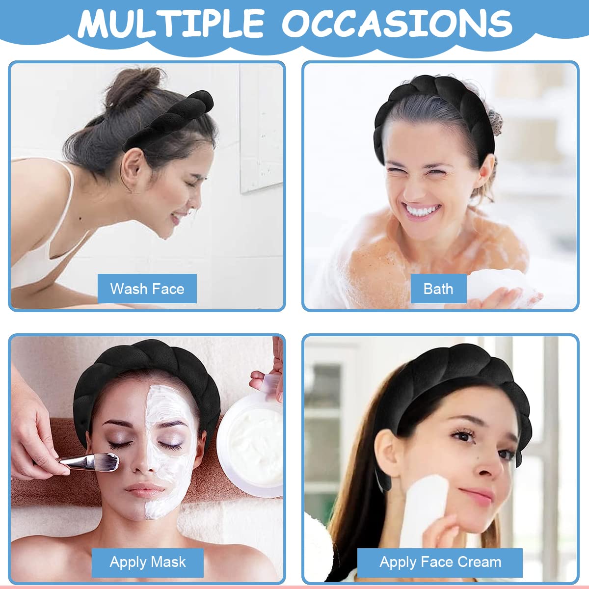 MAYCREATE Facial Spa Headband for Face Washing and Makeup featuring Soft Sponge Design | Black Non Slip Hairband for Women and Girls