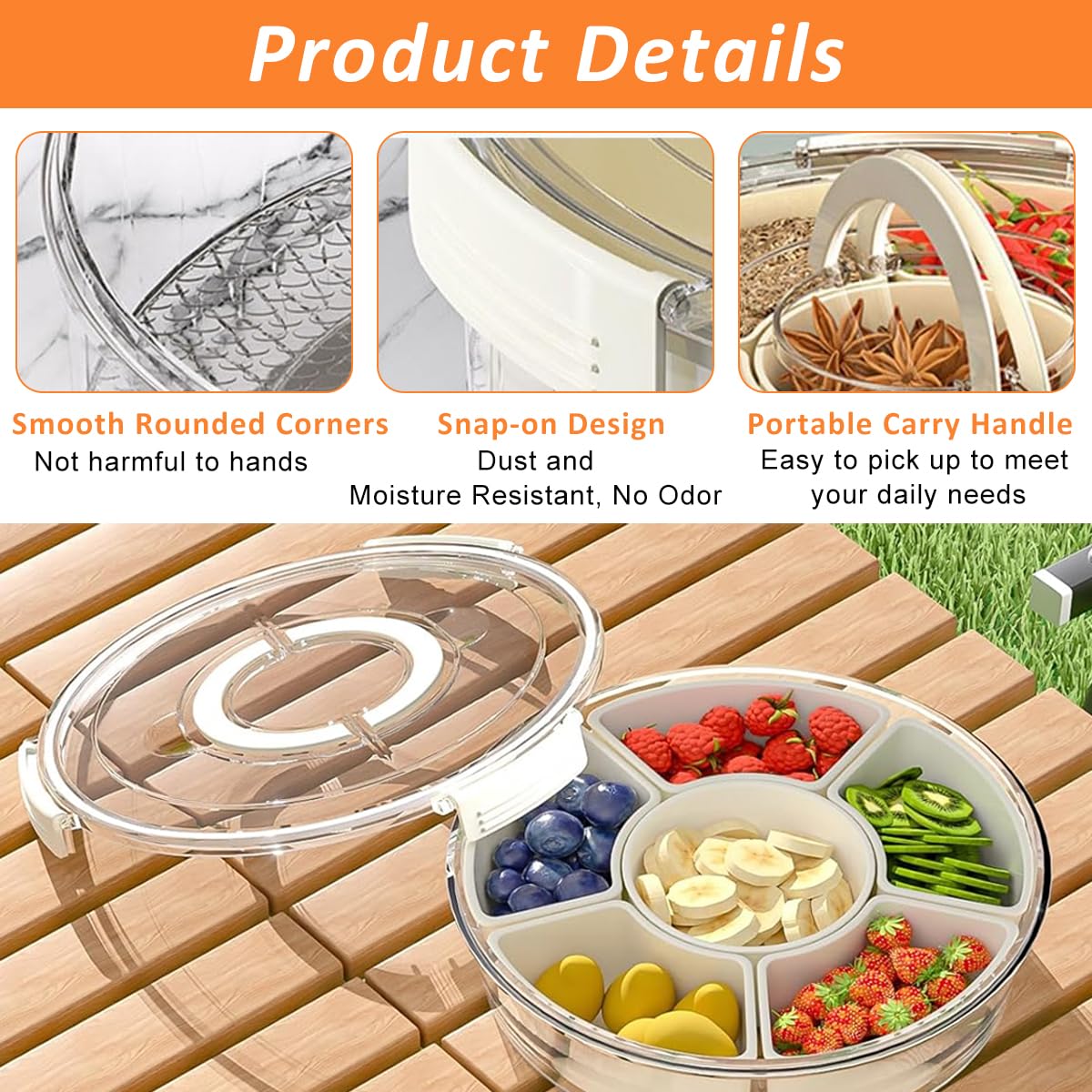 Supvox Snackle Box Container for Snacks and Fruits with 6 Compartments and Rotating Lid | Food Grade PET PP Serving Tray