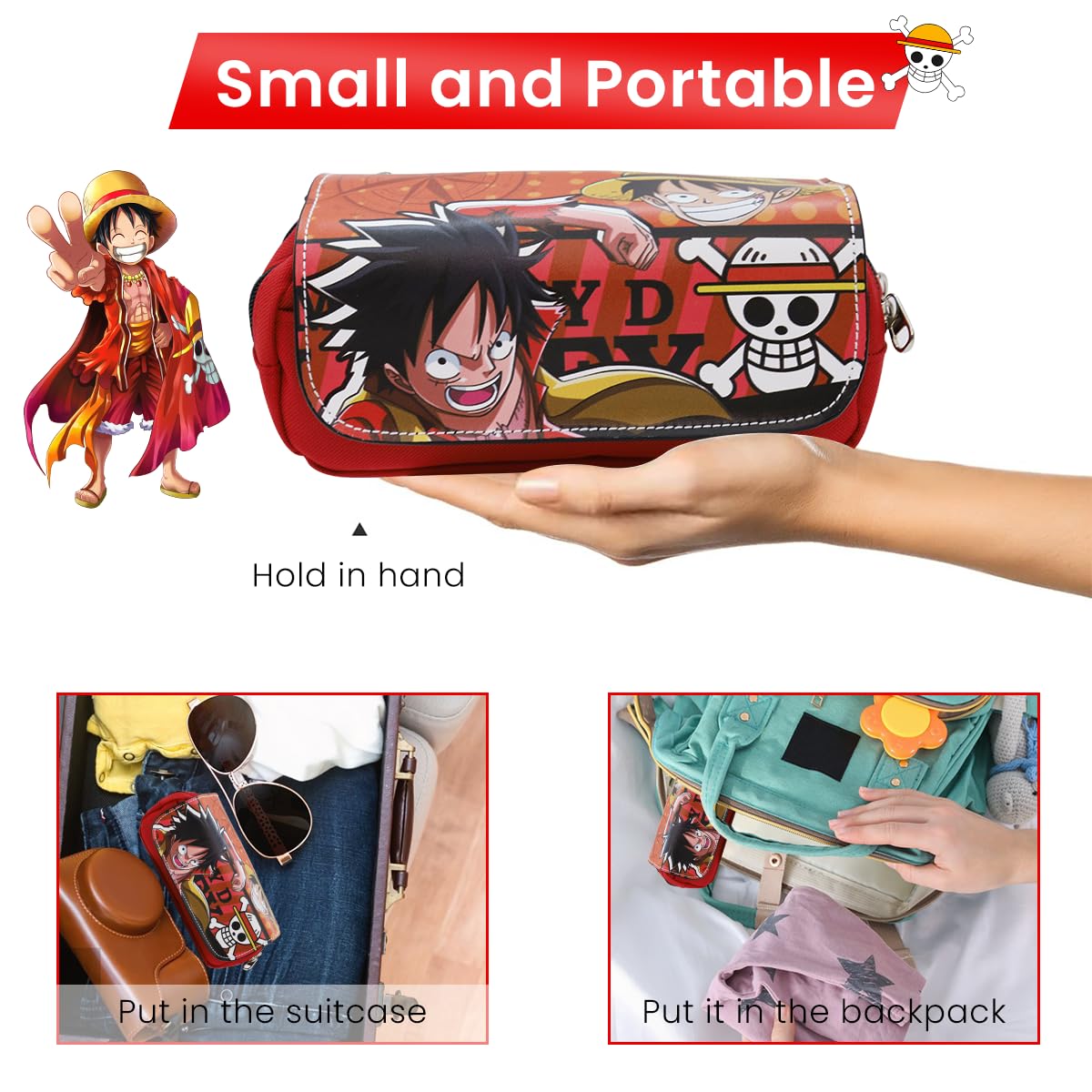 Fancyku Polyester One Piece Pencil Case for Students with Luffy Cartoon Print | 3PCS Set