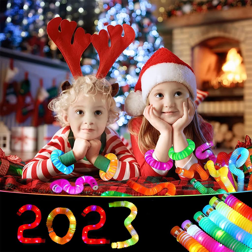 PATPAT 6Pcs LED Flashing Pop Tube Sensory Toys for Kids, Pull and Pop Tubes Fidget Toy, Color Glow Fidget Toy Adults Stretch and Bend Anxiety Stress ADHD Autism Relief Toys, Party Favors