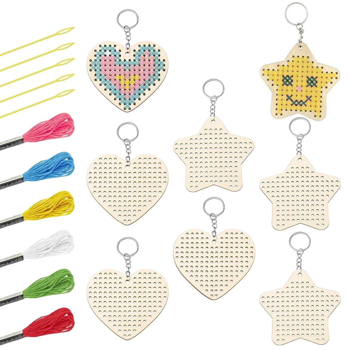 HASTHIP Cross Stitch Keychain Kit for DIY Crafts with 8 Wooden Blanks and 6-Color Yarn