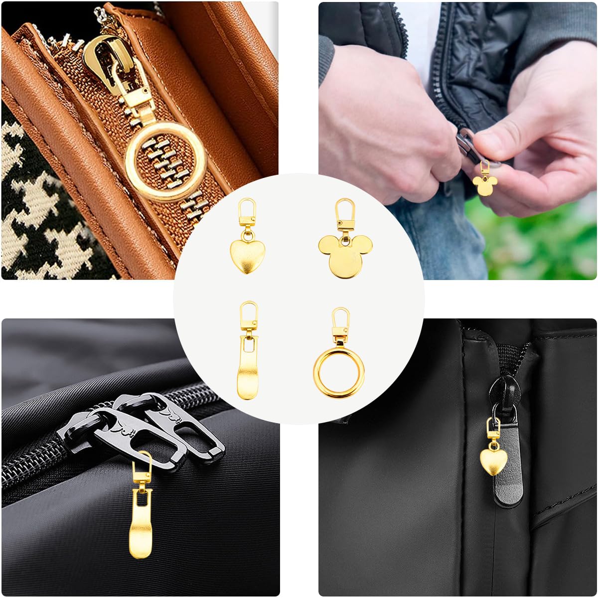 HASTHIP Metal Zipper Pull Replacement Set for Bags and Jackets with 9 Styles Gold Finish | 10pcs