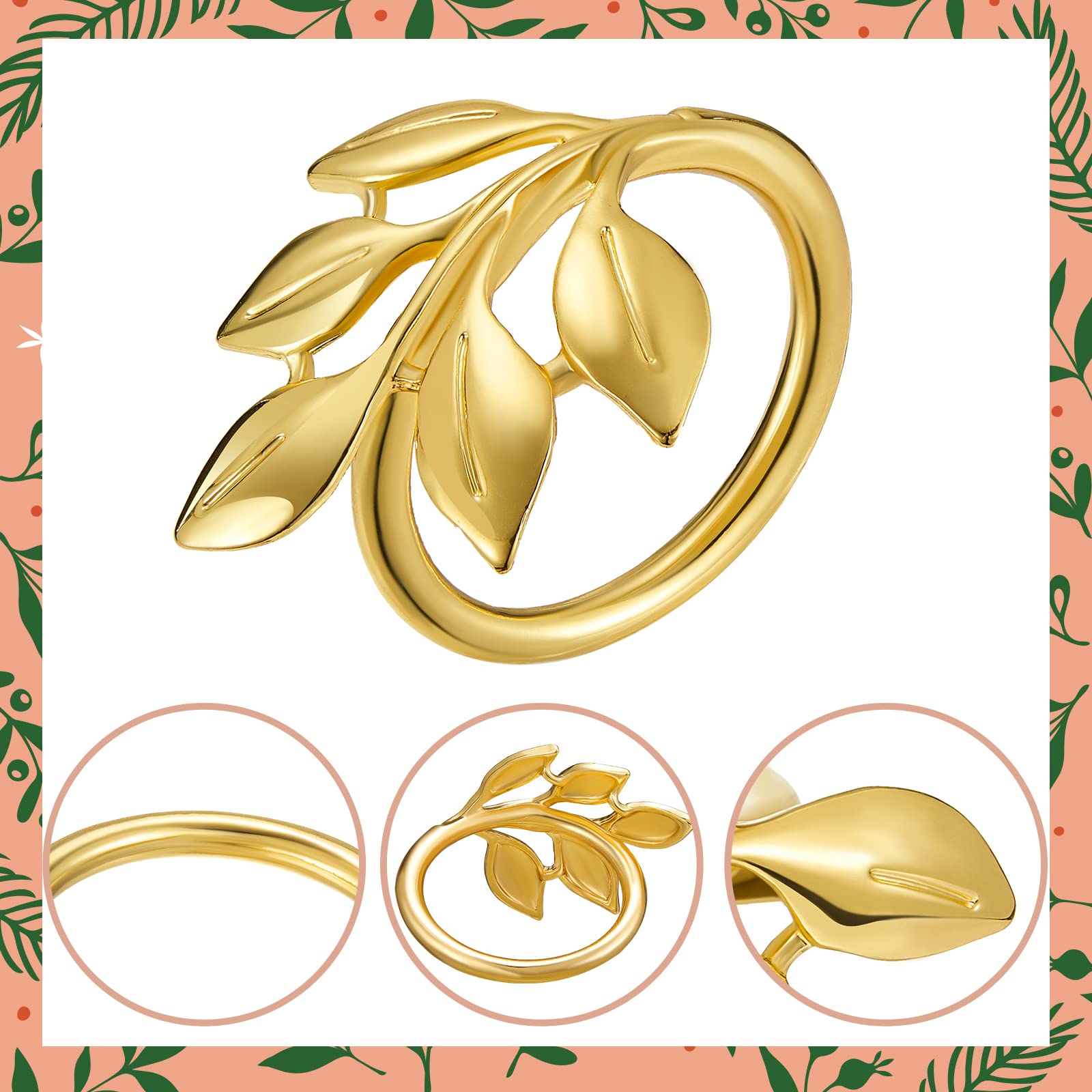 ZIBUYU Napkin Rings Set of 6 for Dining Table and Wedding with 1.38 in Diameter | Golden Leaf