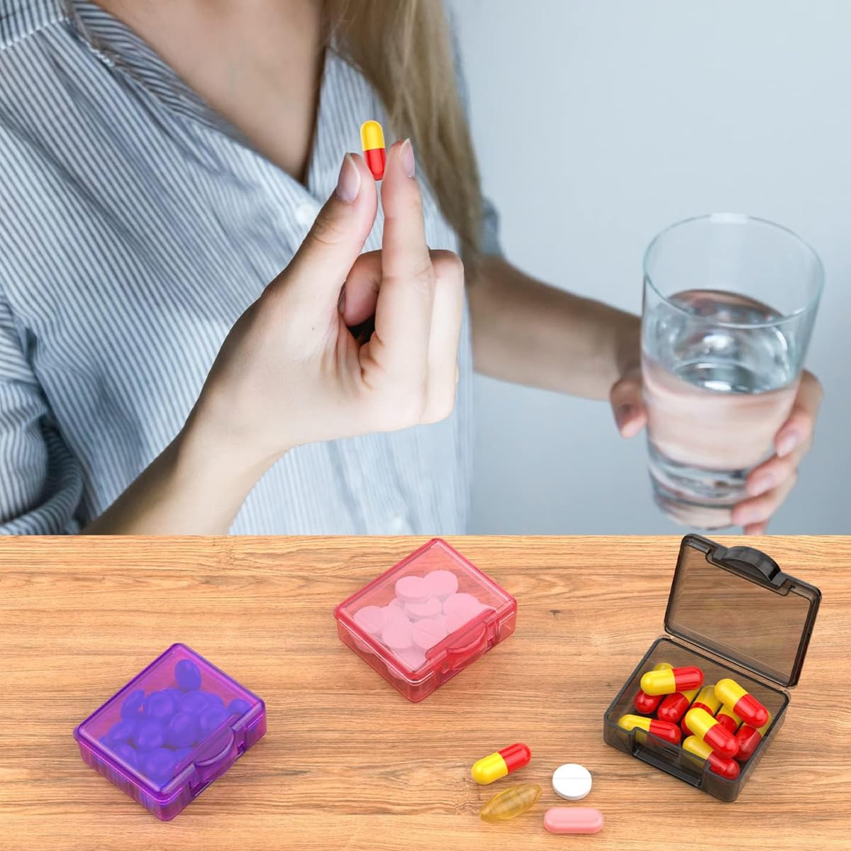 HANNEA Pill Box for Travel and Daily Use with 3 Compartments and Mirror | Metal Pink Organizer