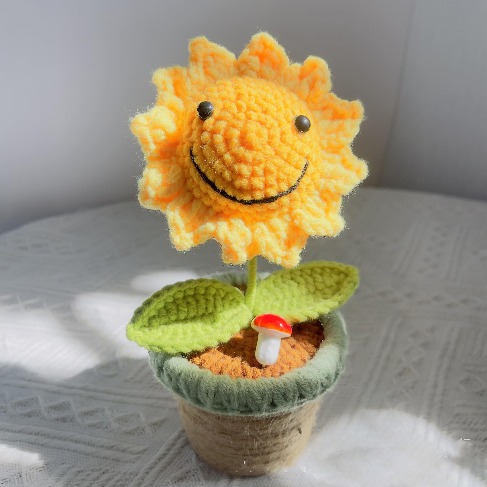 STHIRA Crochet Flower for Desk and Car Decoration with Smiley Sunflower Pot | Handmade Gift
