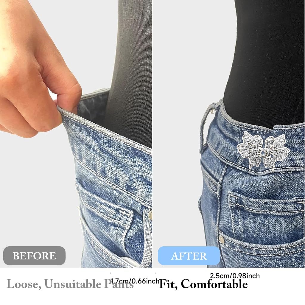 ZIBUYU Jeans Adjustable Button Pins for Waist Size Adjustment featuring Butterfly Design | 4 Pairs Alloy No Sewing Pins for Jeans and Skirts