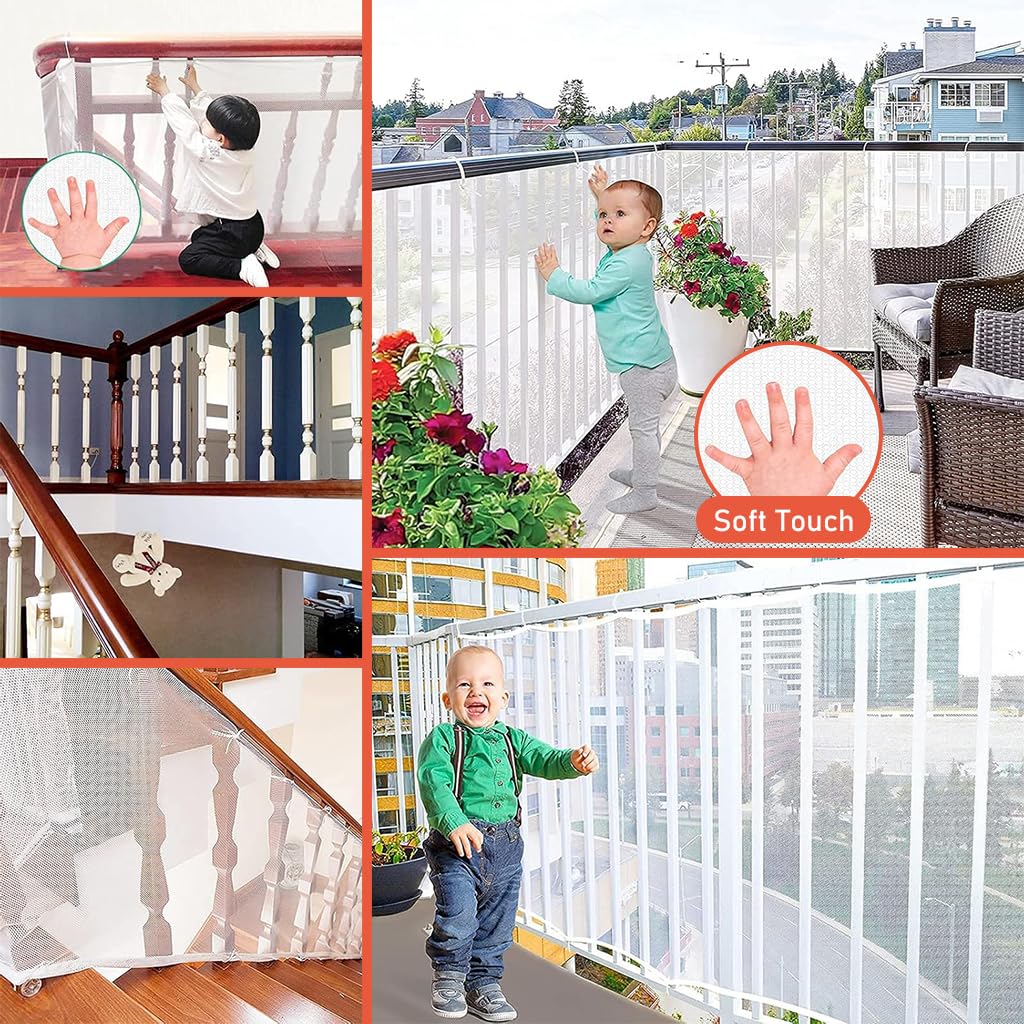 SNOWIE SOFT Baby Safety Net 9.8 ft x3.3 Ft Banister Guards Stairway Rail Net Polyester Stairway Baby Guards with 20 Zip Ties and 30Pcs Nylon Ties Safety Net for Indoor, Outdoor, Patios or Balcony Use