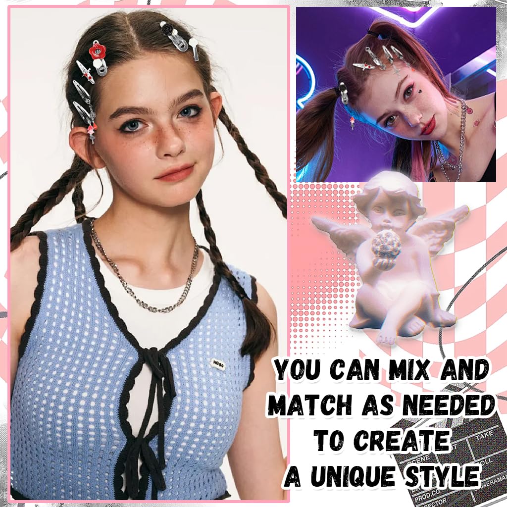 MAYCREATE Hair Clips for Women featuring 8 Metallic Flower Charms | Y2K Korean Style Barrettes