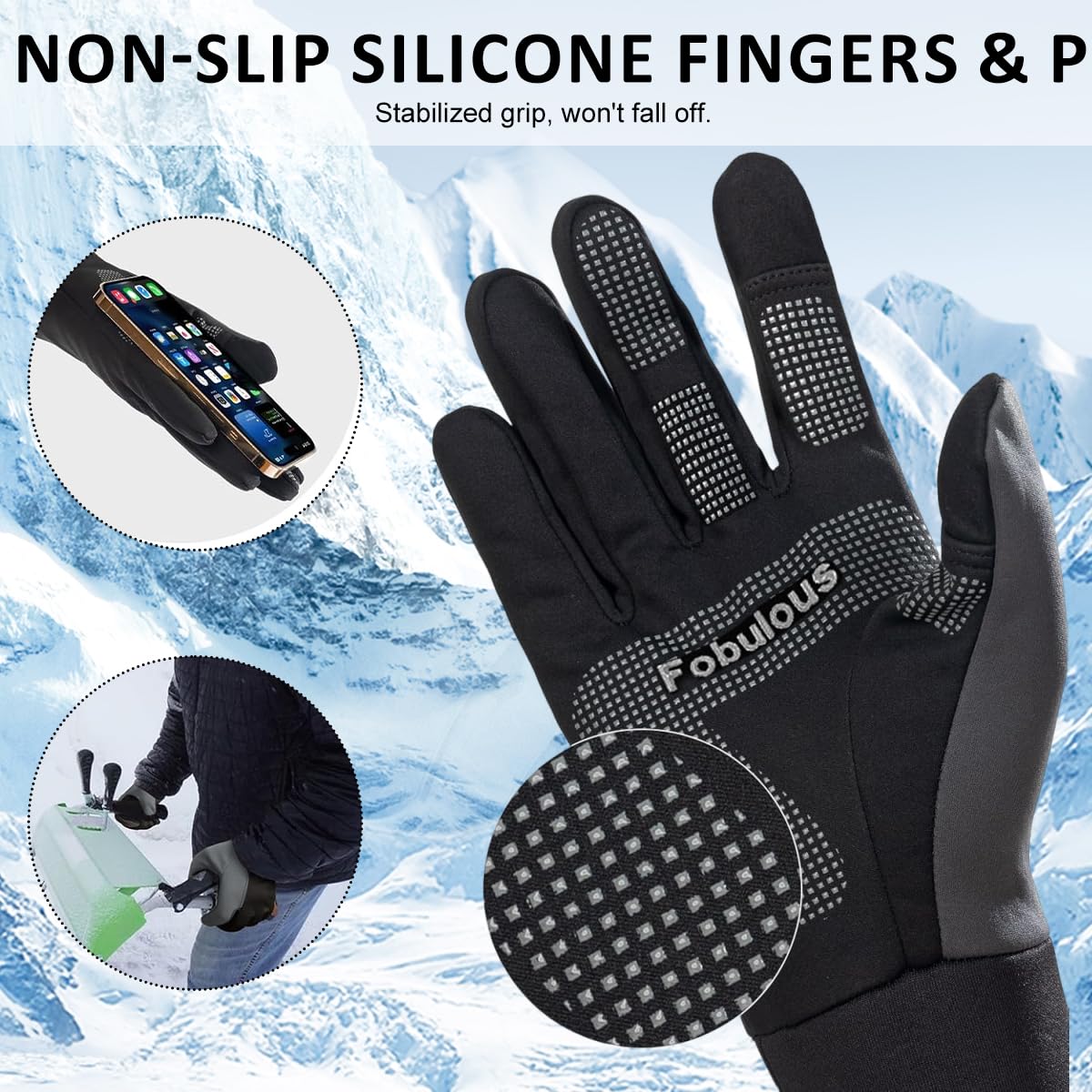 GUSTAVE Winter Gloves for Men with Touchscreen Fingertips and Anti Slip Palm | Splashproof Black Grey Thermal Lined