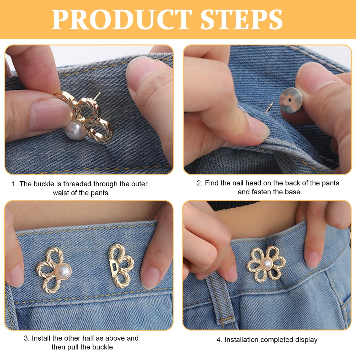 SANNIDHI Adjustable Waist Buckle for Jeans and Skirts with Flower Design | 4 Pairs Metal Pins