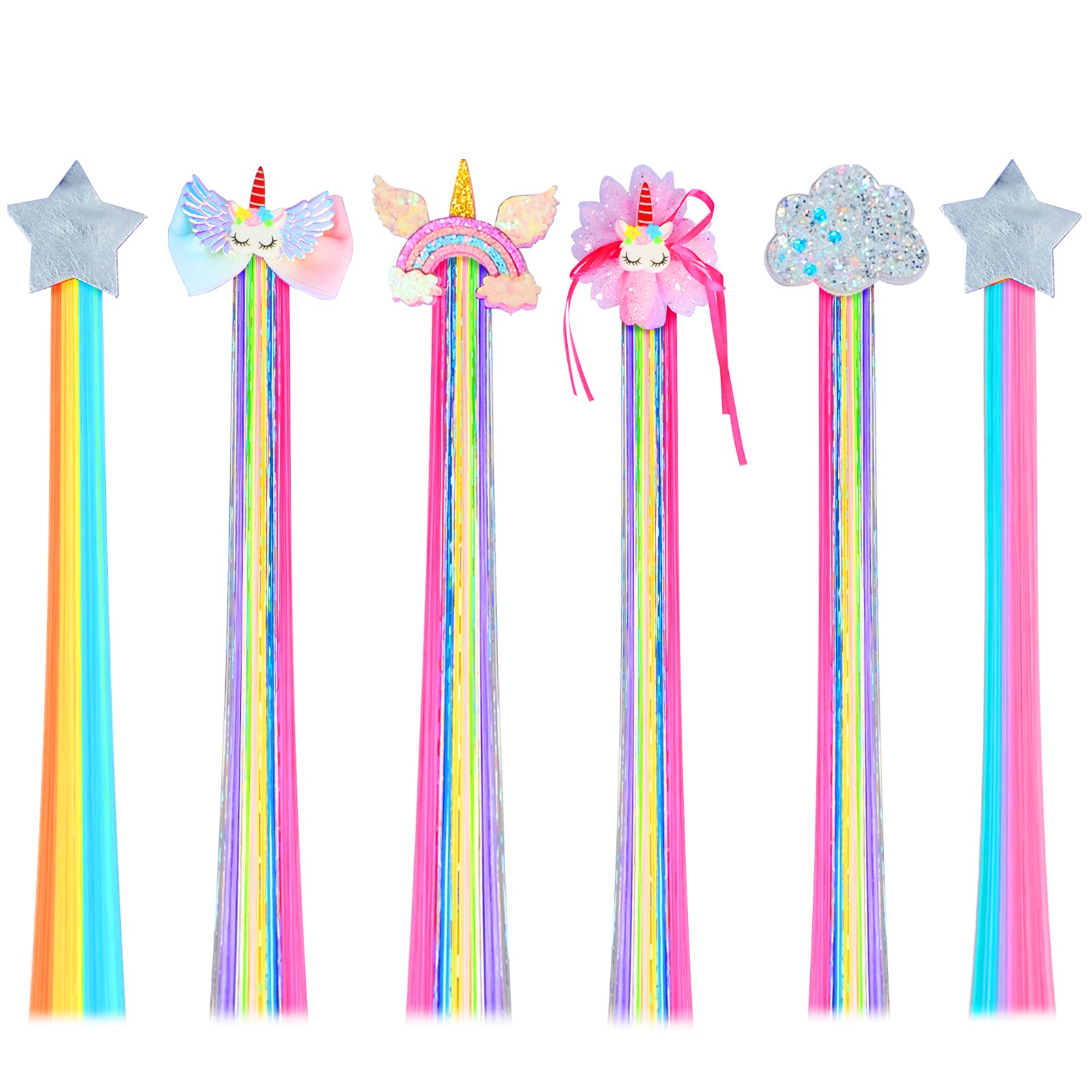 SNOWIE SOFT® 6Pcs Hair Tinsels for Girls Clip-in Cartoon Unicorn Hair Tinsels 15.75 inch Sparkling Colorful Hair Tinsels Rainbow Hair Accessories Glitter Hair Strands for Party, Daily Wear
