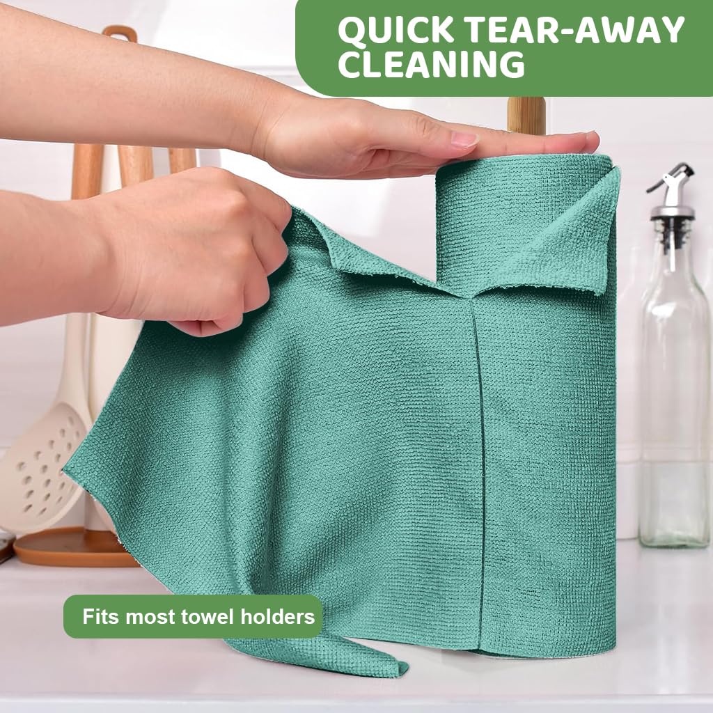 HASTHIP Microfiber Cleaning Cloth for Kitchen with Pre Cut Tear Away Design 15 Count 25x60cm Green