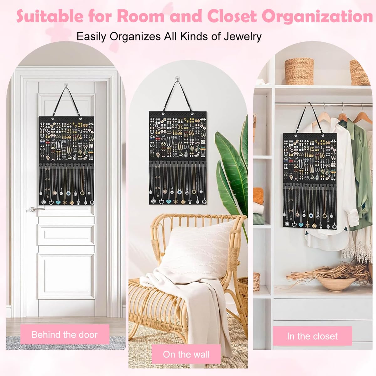 HASTHIP Hanging Jewelry Organizer for Earrings and Necklaces with 140 Holes and 16 Hooks | Felt Display Holder 57×34.5 cm