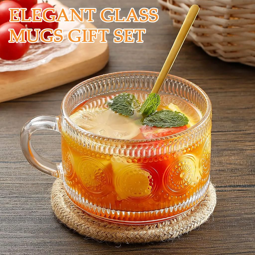 Supvox Glass Mugs Gift Set for Coffee and Tea with 450ml Cups & Wooden Lids | 4 Pieces