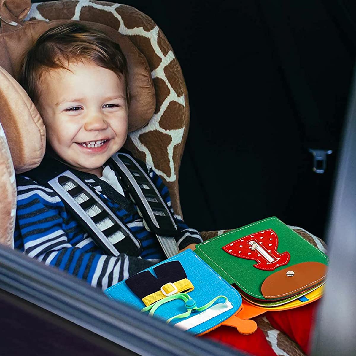 SNOWIE SOFT Busy Board for Toddlers 1-3 featuring Folding Giraffe Design & Soft Felt Material