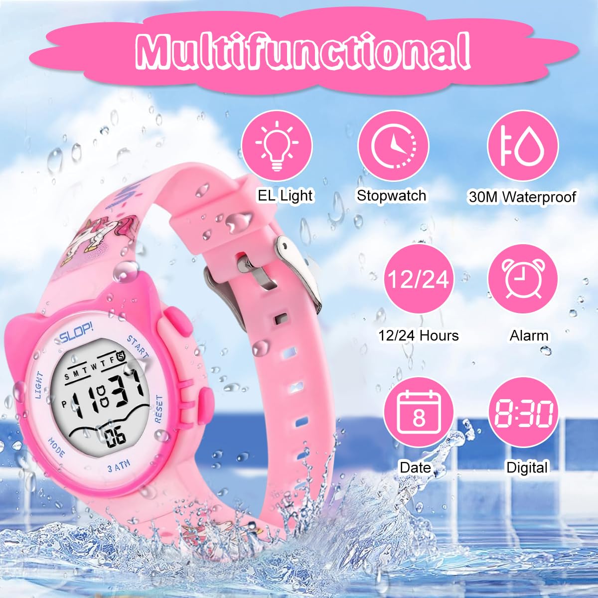 ZIBUYU Unicorn Kids Wrist Watch for Girls with Glow in the Dark LCD Display and Silicone Band