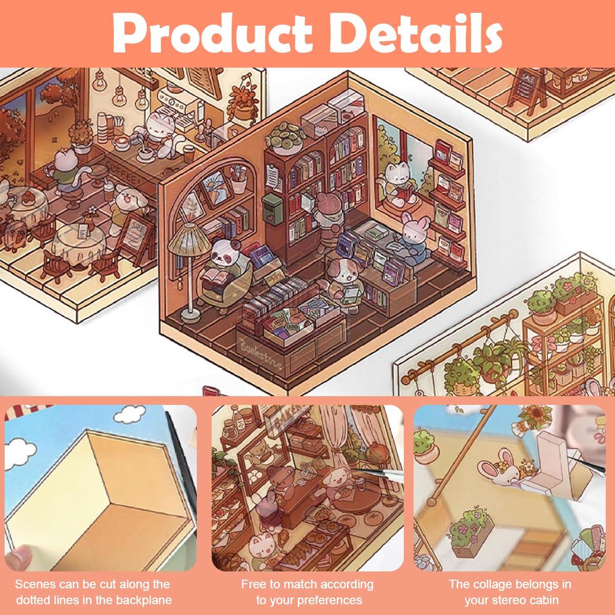 HASTHIP® 4 Sets DIY 3D House Stickers with Tweezer, Cute Cartoon Scene Stickers, Fun DIY Stickers Scene Make Your Own Supermarket Coffee Shop Restaurant Bookstore for Adult Kids Relief Stress