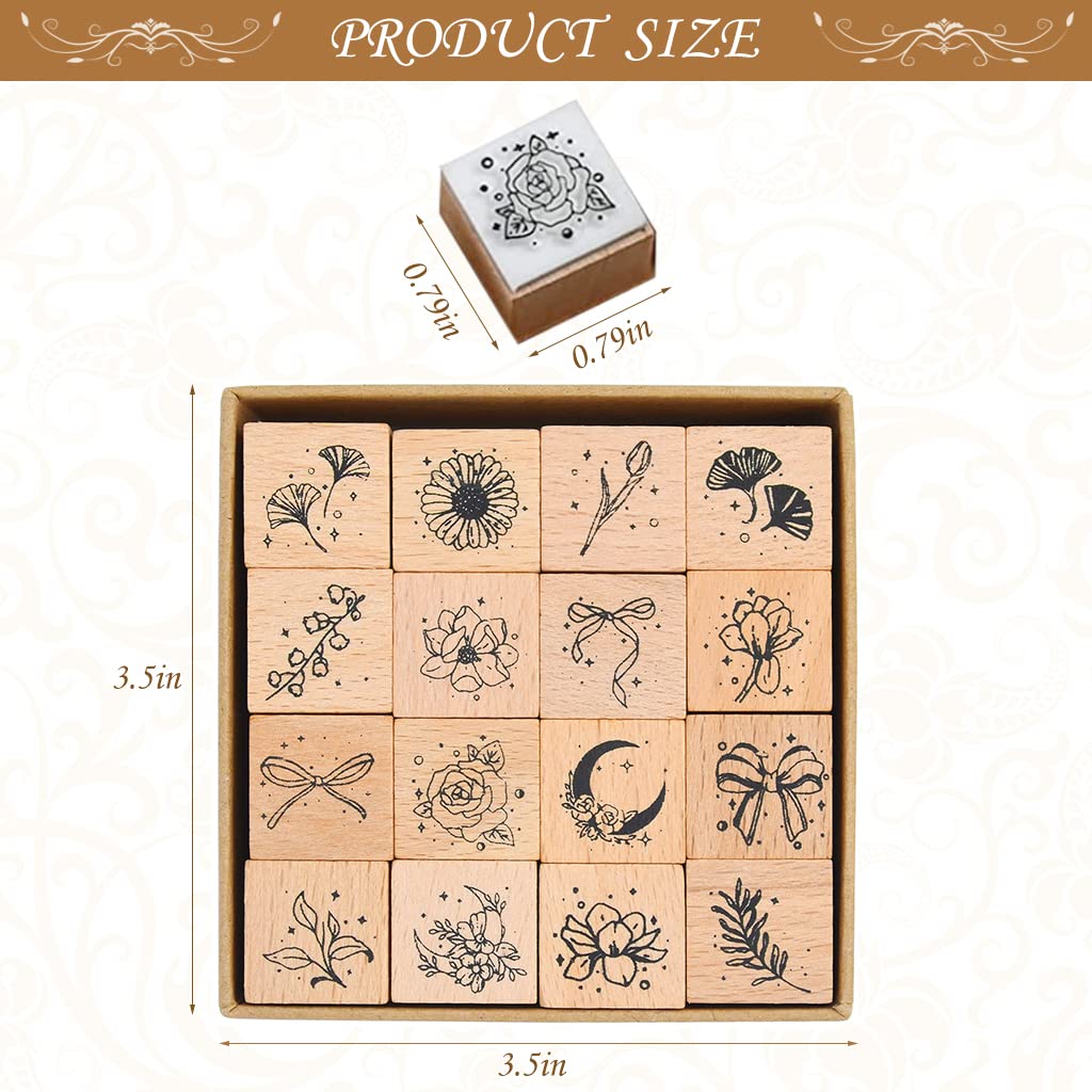 HASTHIP 16Pcs Vintage Wooden Rubber Stamps, Aesthetic Flower Decorative Rubber Stamp Set, Bowknot Flower Leaf Stamp for Art Craft, Journal, Diary, Scrapbook, Letter, Card Making