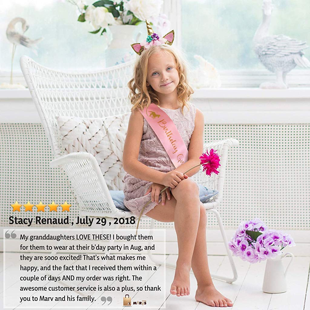 PATPAT® 2PCS Unicorn Party Birthday Girls Set Includes Headband and Pink Sash Gold Glitter Unicorn Horn for Kids
