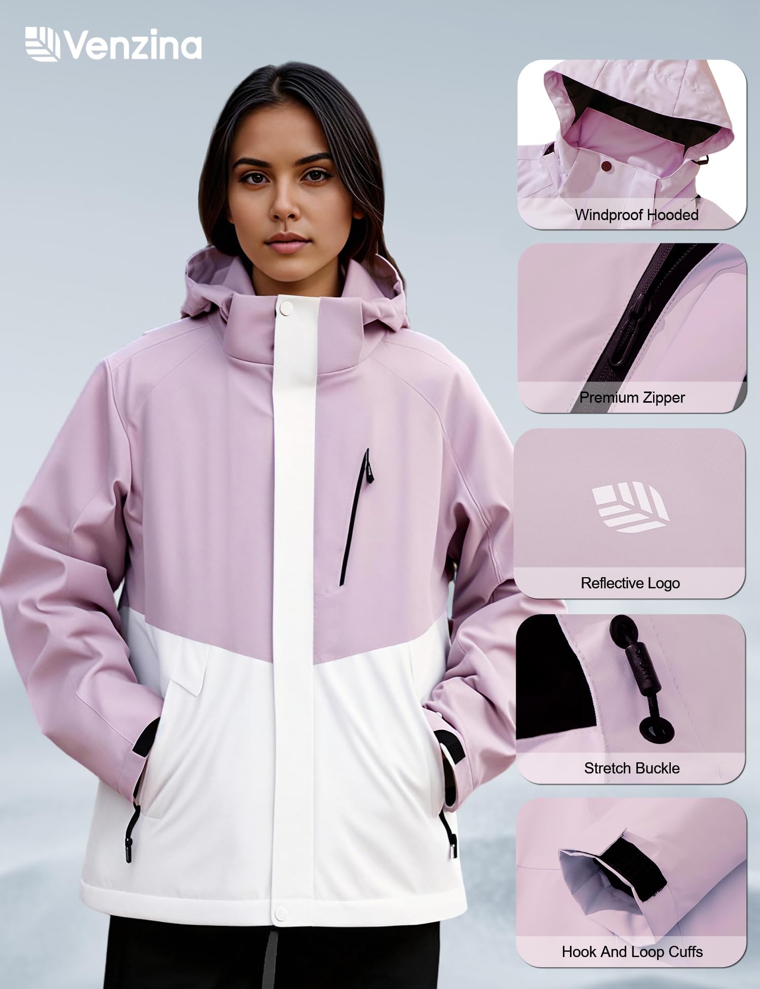 Venzina Women's Water Repellent Jacket for Hiking and Commute with Reflective Design | Purple