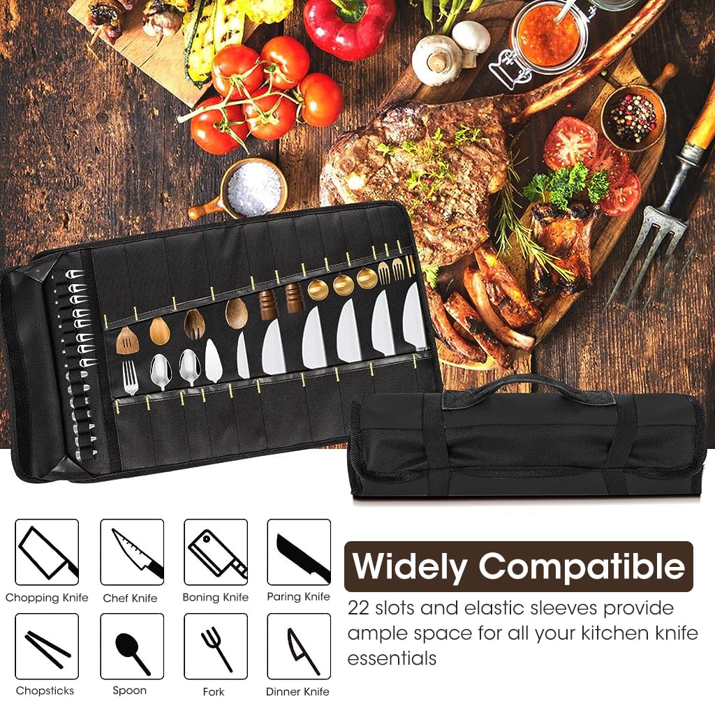 ZIBUYU® Kitchen Cutlery Organizer Bag with 22 Slots Professional Chef Knife Roll Bag Anti Scratch Oxford Cloth Portable Traveling Cutlery Bag Professional Chef Accessories - Black