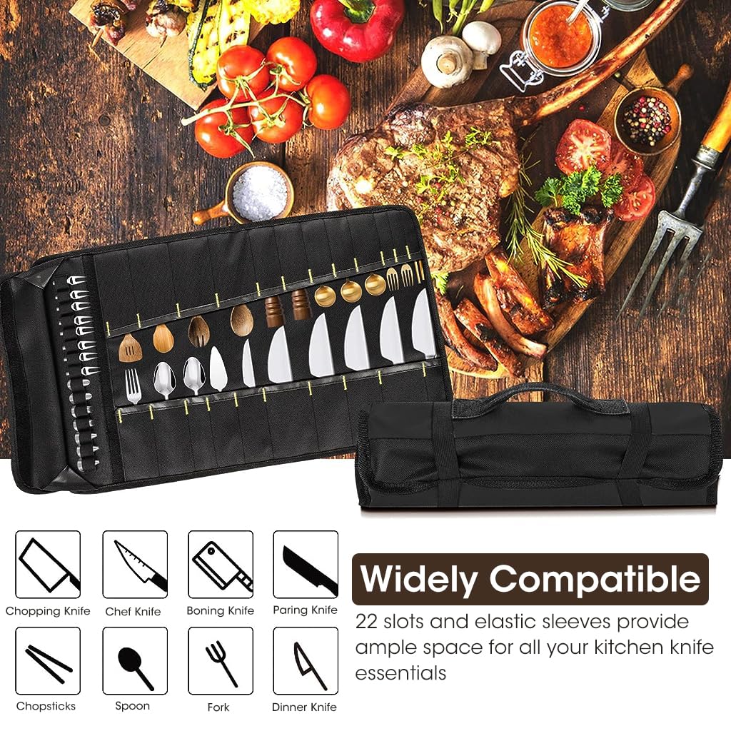 ZIBUYU Fabric Kitchen Cutlery Organizer Bag with 22 Slots featuring Secure Straps and Ergonomic Handle for Chefs | Black Oxford Cloth
