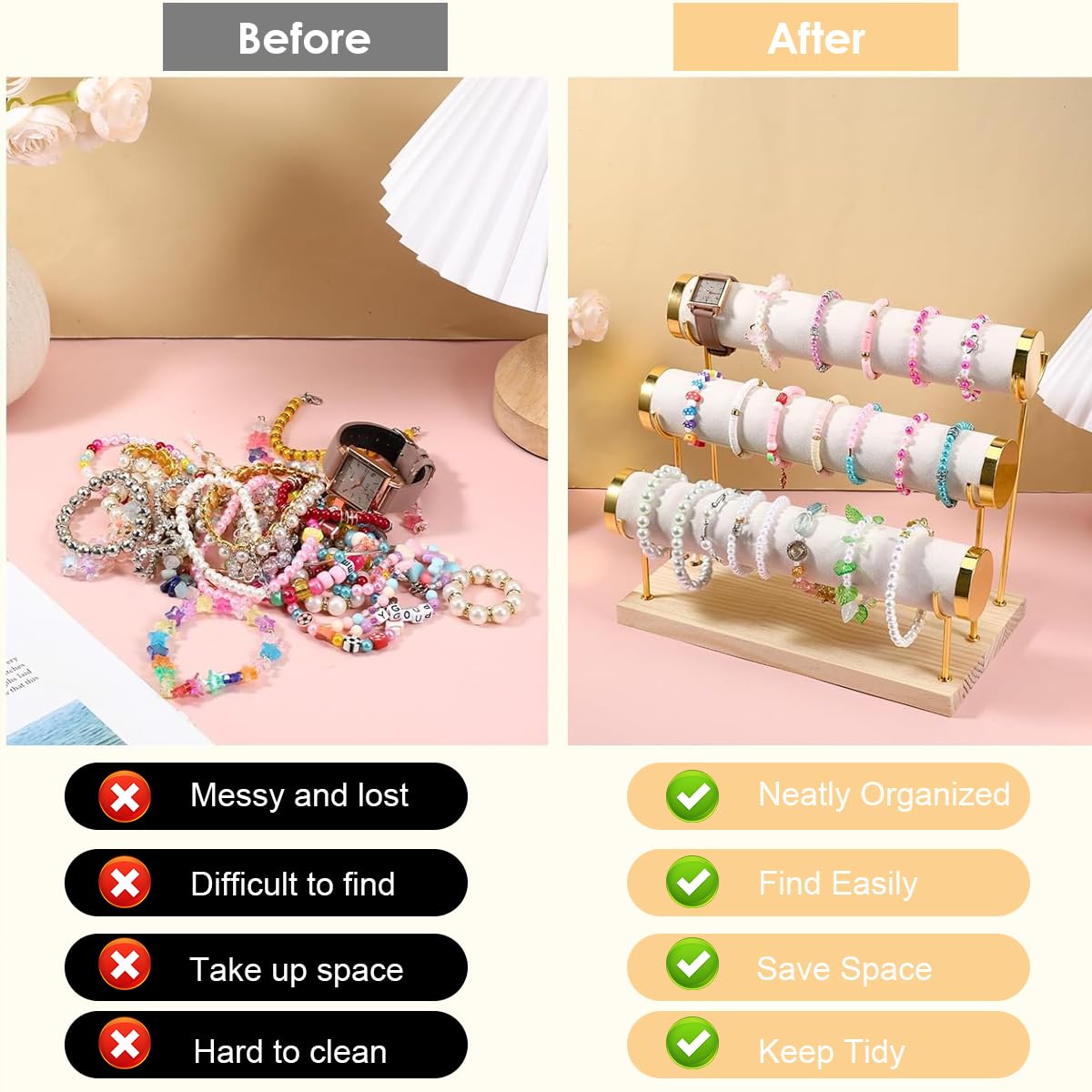 MAYCREATE Bracelet Bangle Organizer for Women featuring 3 Tier Metal Stand with Wood Tray | Holds 18–25 Bracelets