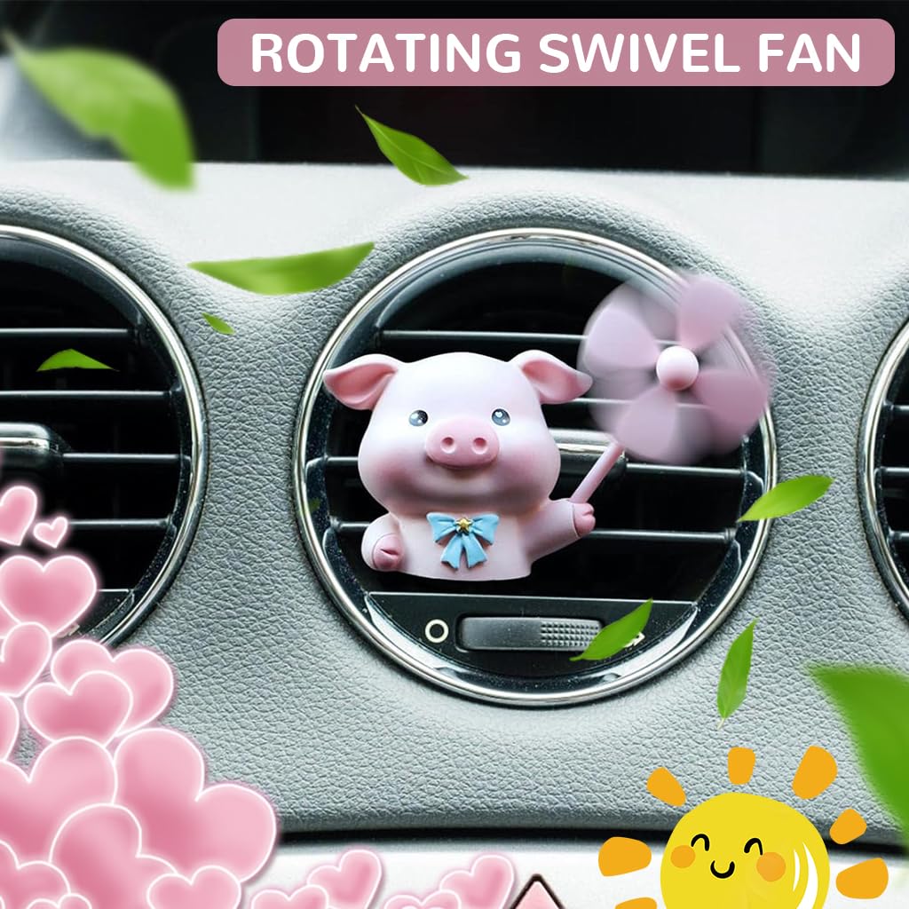STHIRA Car Air Freshener for Vent with Rotating Fan and 2 Scent Tablets | Cute Pink Piglet Decor